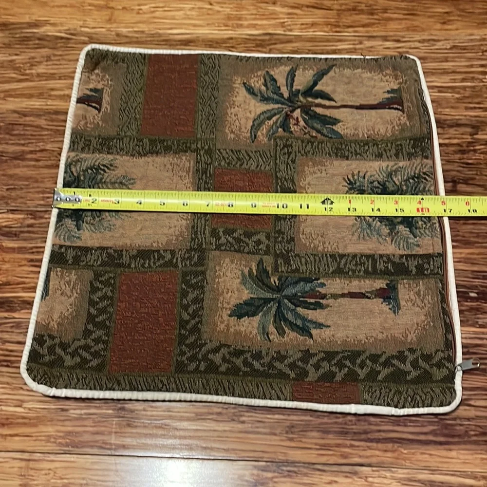 Brown green tropical embroidered palm tree print pillow case cover 17x17”
